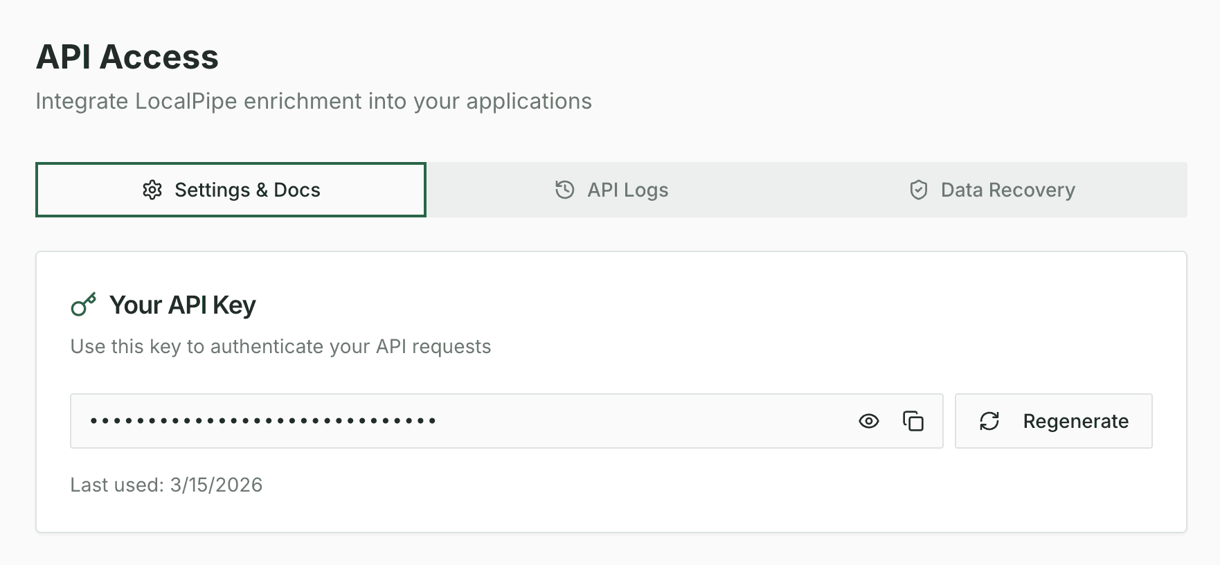LocalPipe API Access dashboard showing API key management and settings