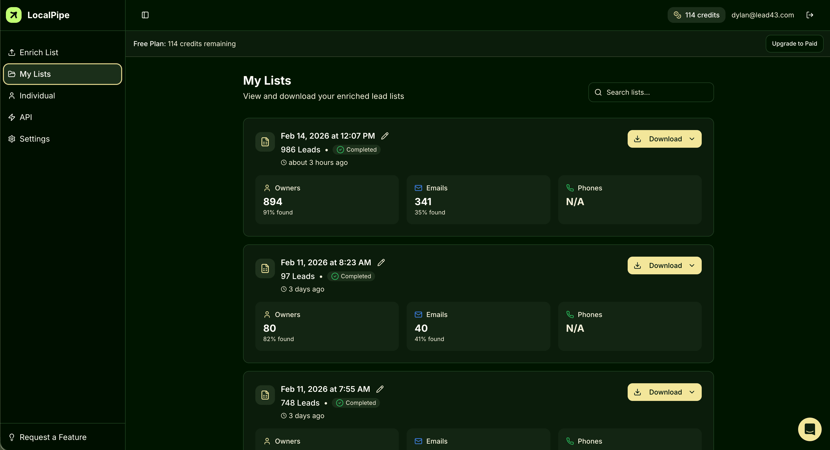 LocalPipe dashboard showing enriched lead lists with owner names, emails, and phone numbers