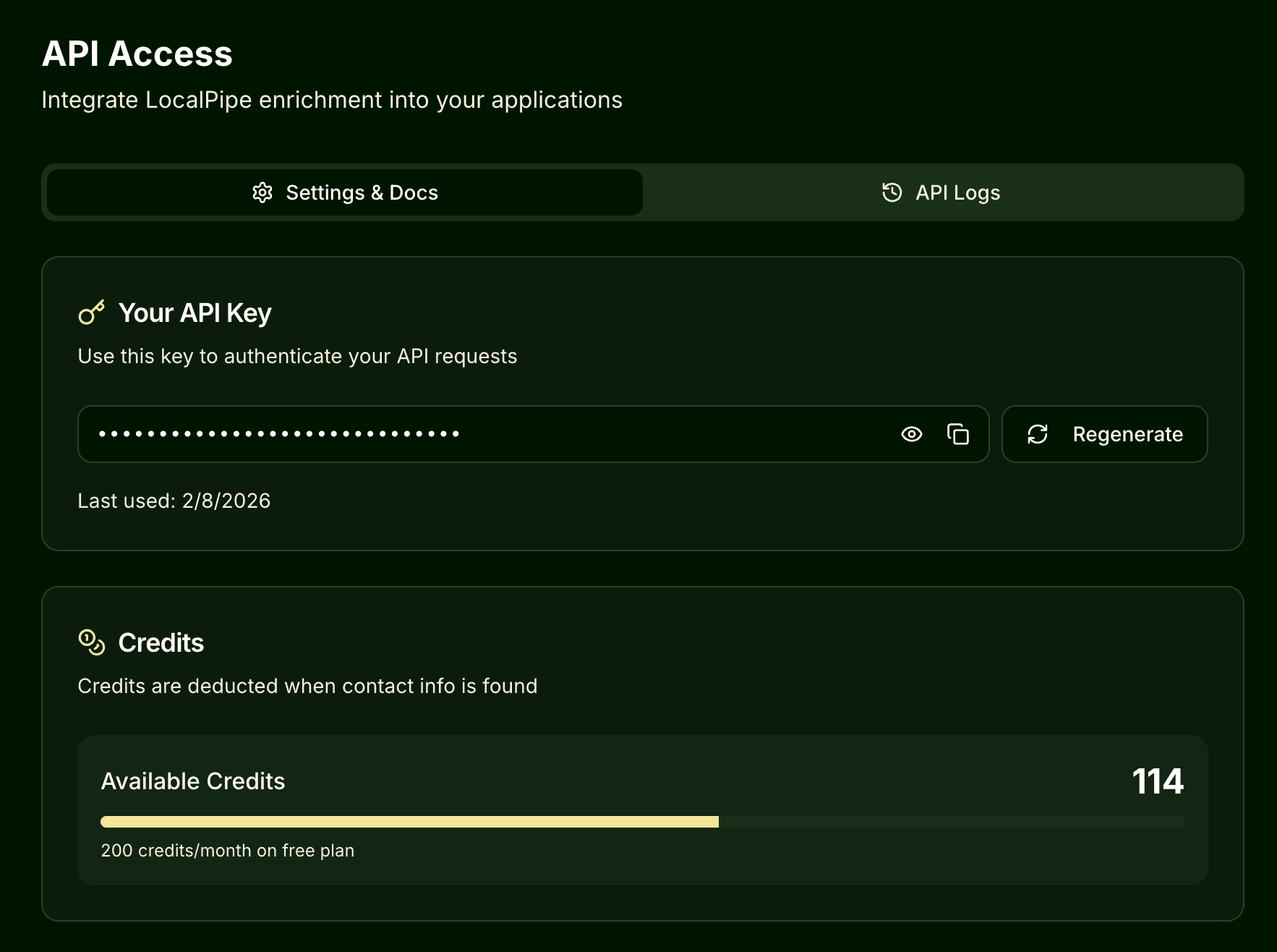 LocalPipe API Access dashboard showing API key management and credit usage