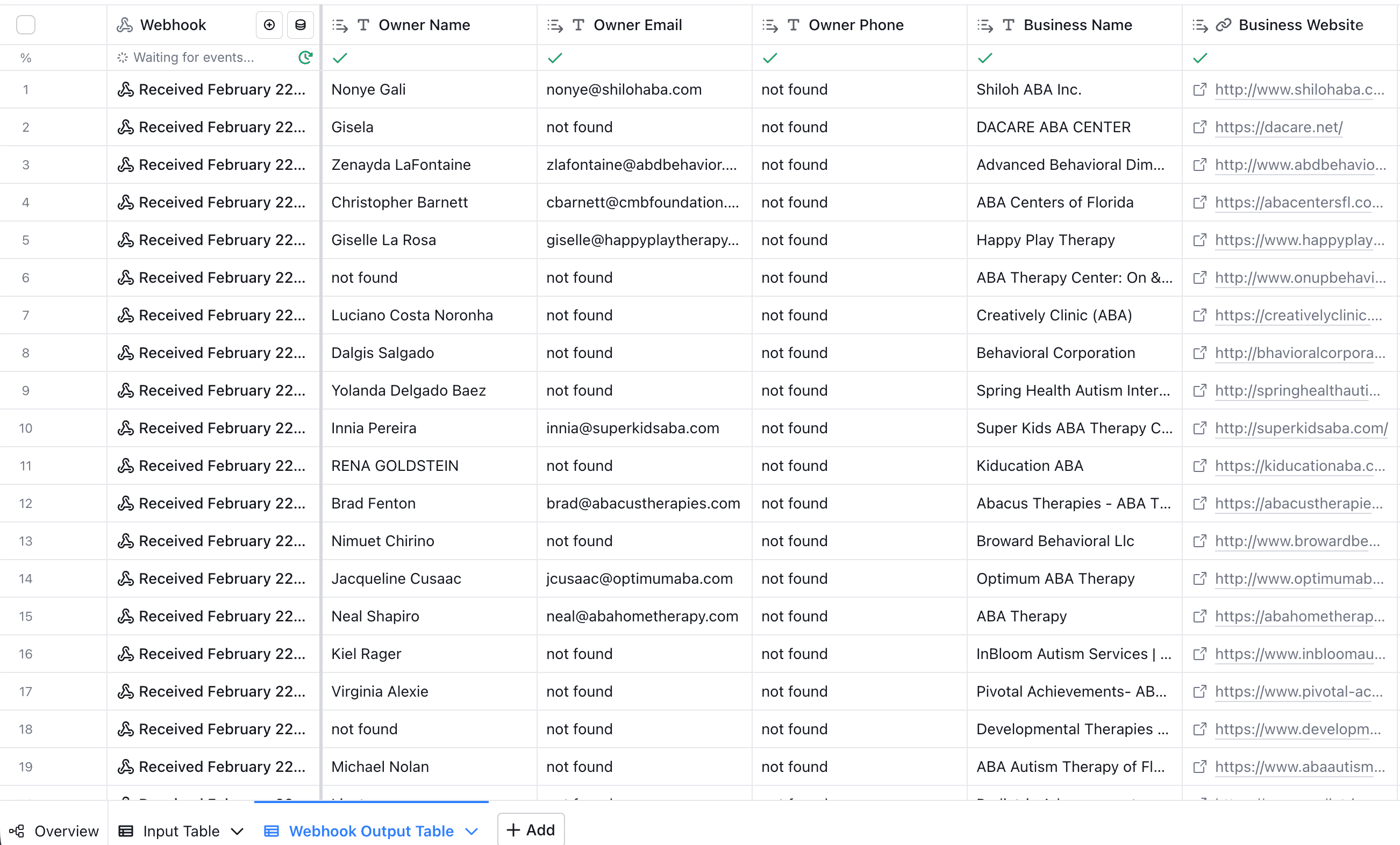 LocalPipe enrichment results inside a Clay table showing owner names, emails, phone numbers, and business details