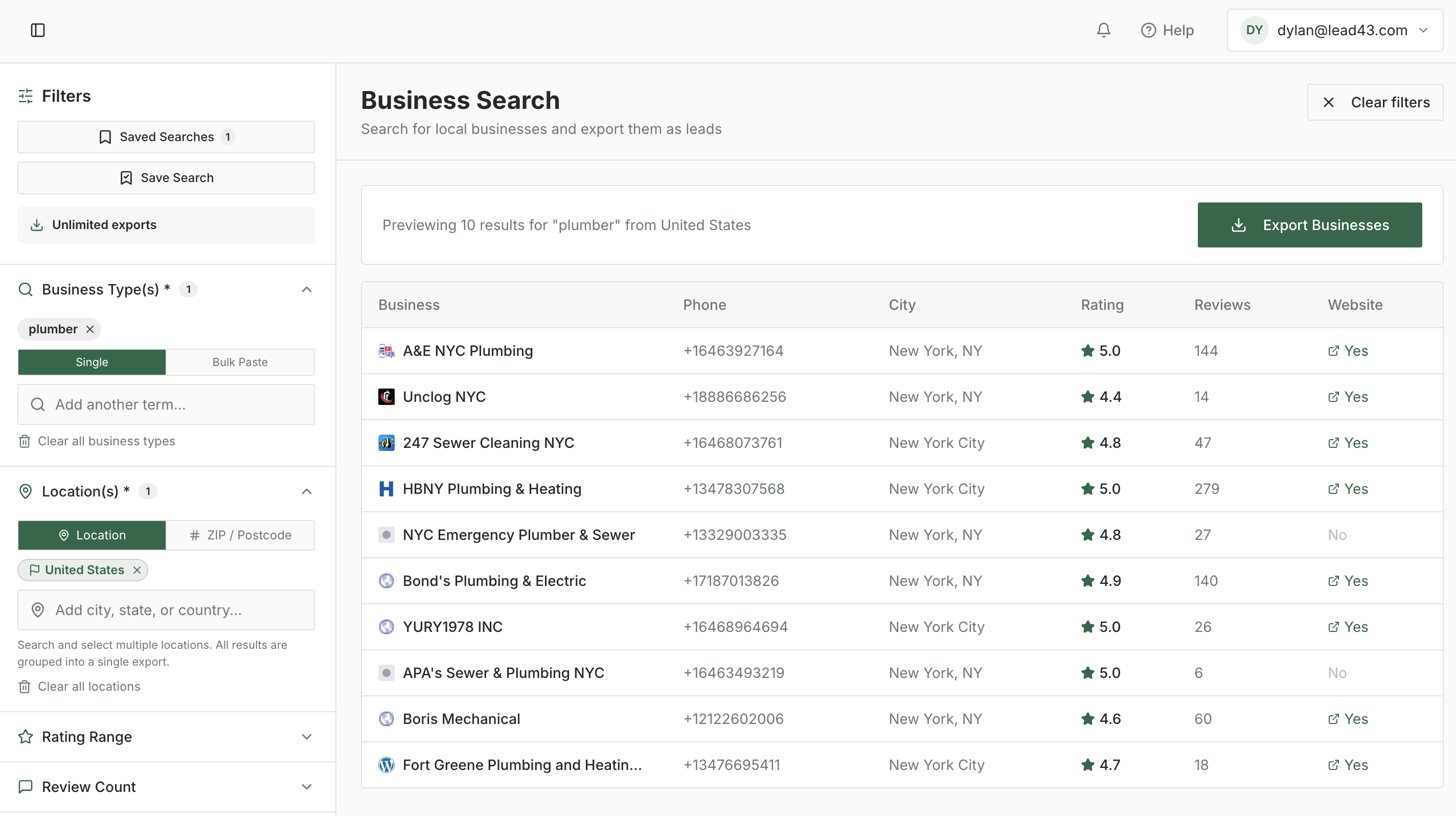 LocalPipe Business Search with filters for business type and location showing a live preview of plumber results
