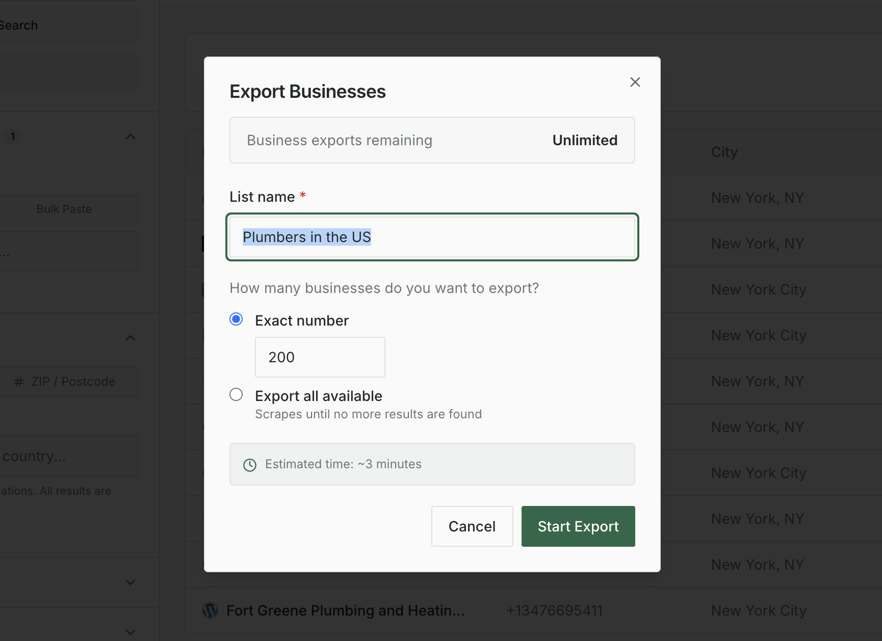 Export Businesses modal with a list name, an exact number of 200, and a Start Export button